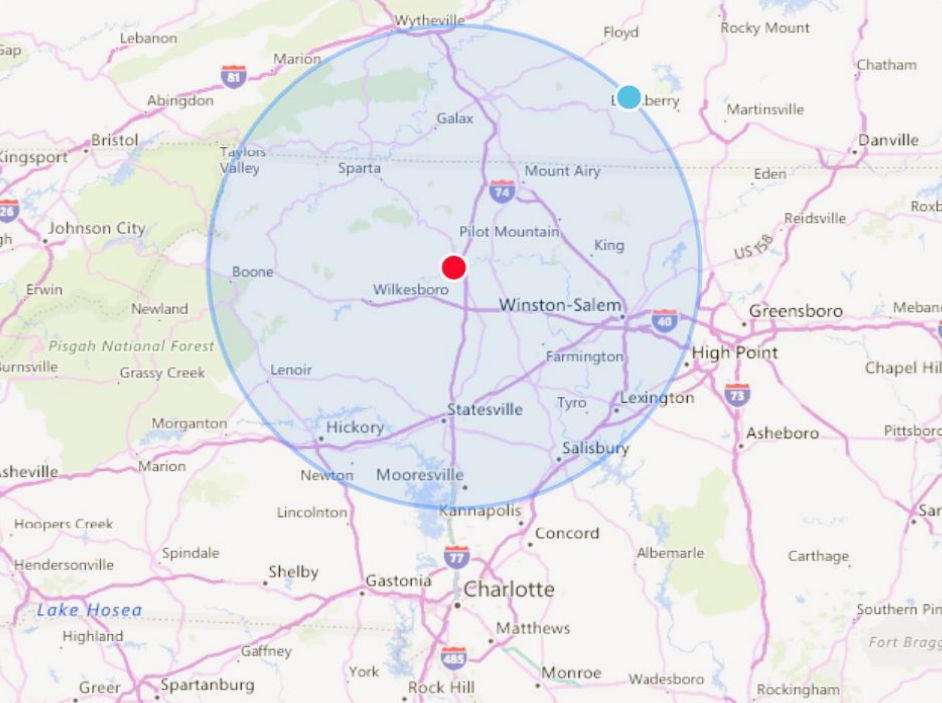 map of a 50 mile radius from the railyard